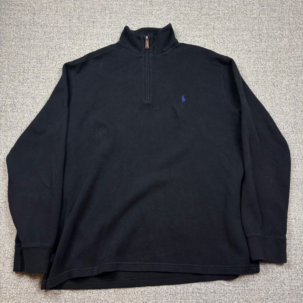 Polo Ralph Lauren Mens Quarter Zip Pullover Black Cotton Sweater Large Pony Logo